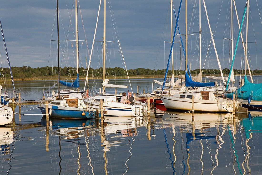 Segelboot am Steg auf dem Steinhuder Meer, Masten, Ufer, Spiegelung