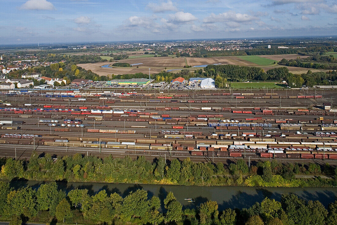aerial photo of railway yard, shunting, Seelze railway station, Midland Canal, Hanover region, Lower Saxony, Germany