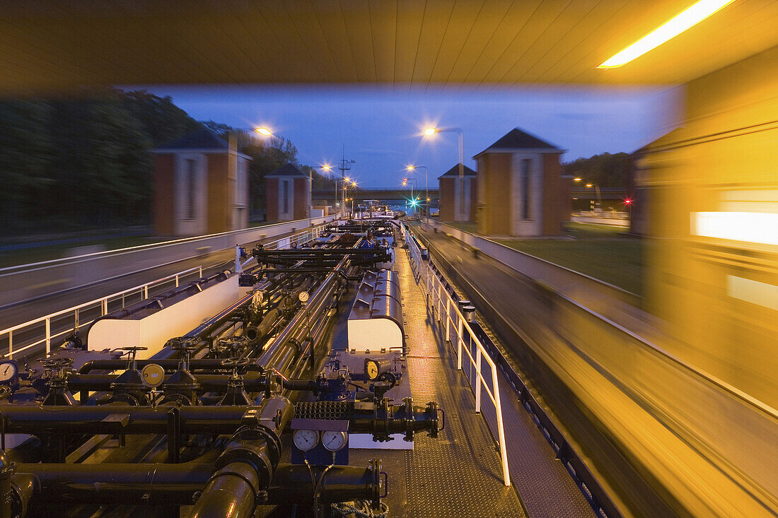 Ship in canal lock, Midland Canal, Hanover, Lower Saxony, Germany