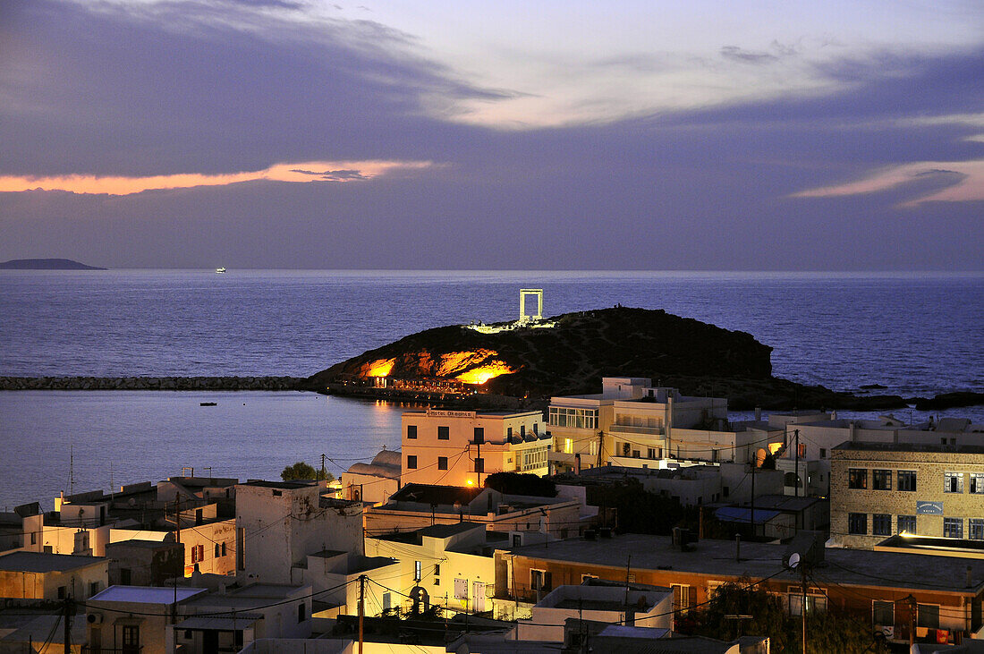 View at Palatia ruins and houses of the town of Naxos in the evening, island of Naxos, the Cyclades, Greece, Europe