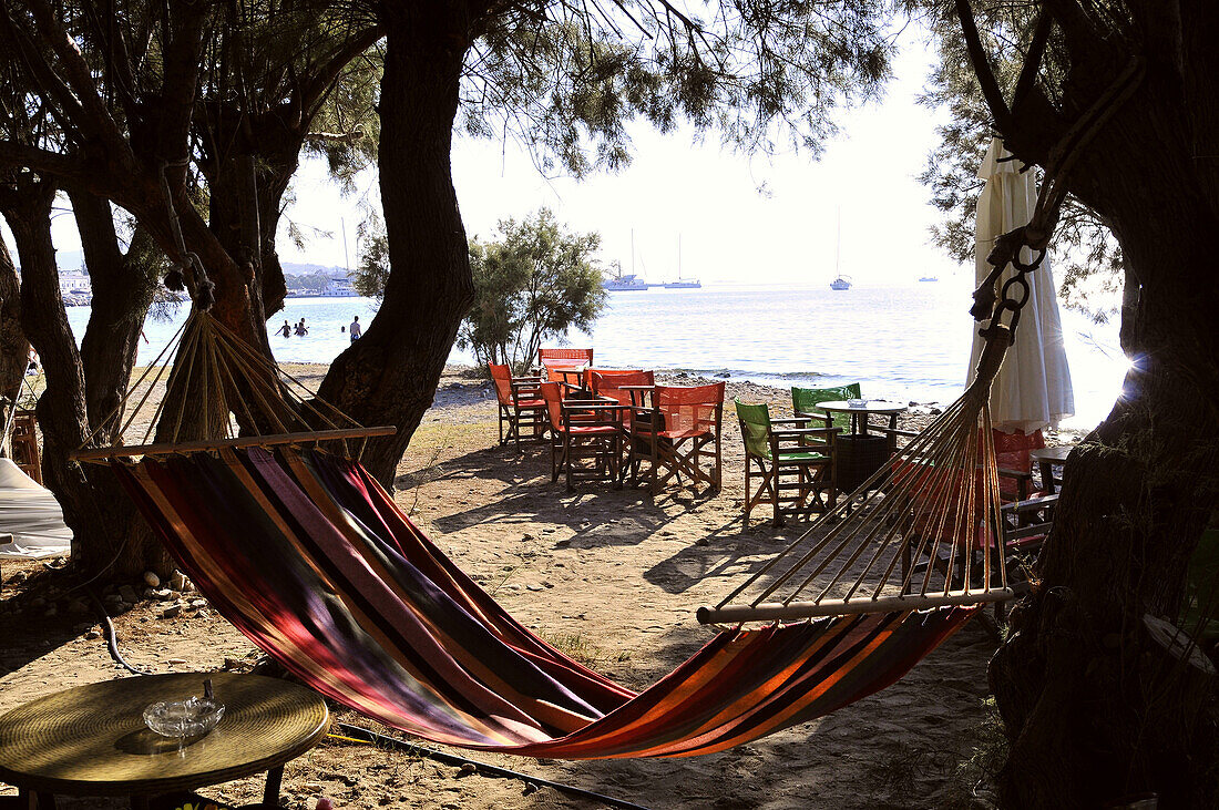 Hängematte und Café am Nordstrand zwischen Bäumen, Parikia, Insel Paros, Kykladen, Griechenland, Europa