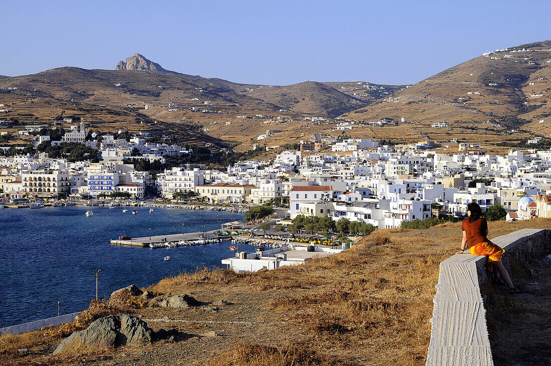 View at the town of Tinos and the harbour, island of Tinos, the Cyclades, Greece, Europe