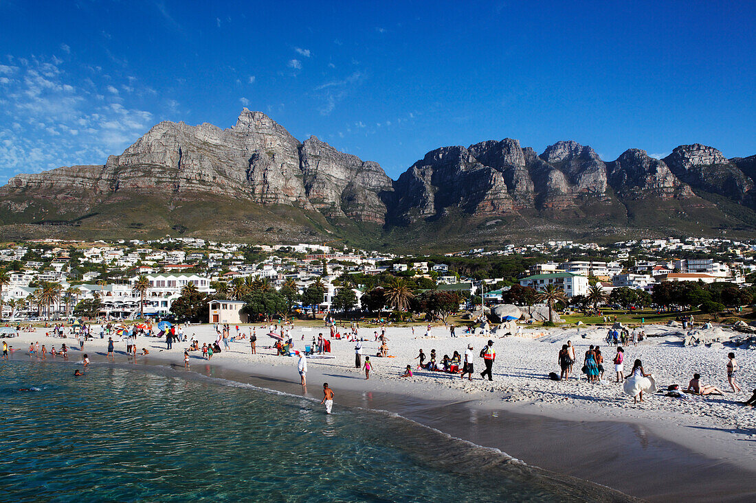 Beach in Camps Bay with the 12 apostles of Table mountain in the background, Capetown, RSA, South Africa, Africa