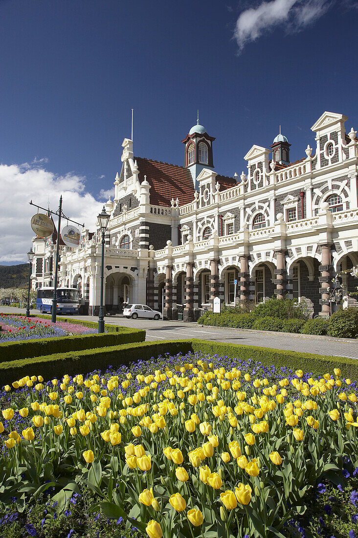 Spring Flowers and Historic Railway Station,  Dunedin,  Otago,  New Zealand