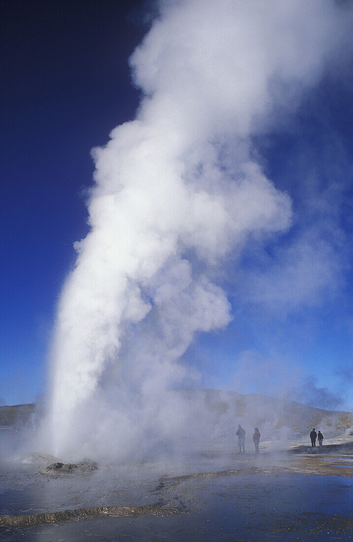 Tourists watching an erupting geyser at sunrise Geisers del Tatio 4400m northern Chile