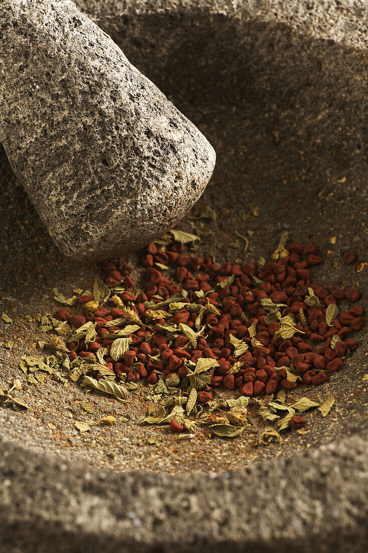 STILL LIFE Annato seeds and dried Mexican oregano in molcajete made from basalt rock with pestle for grinding spices and herbs