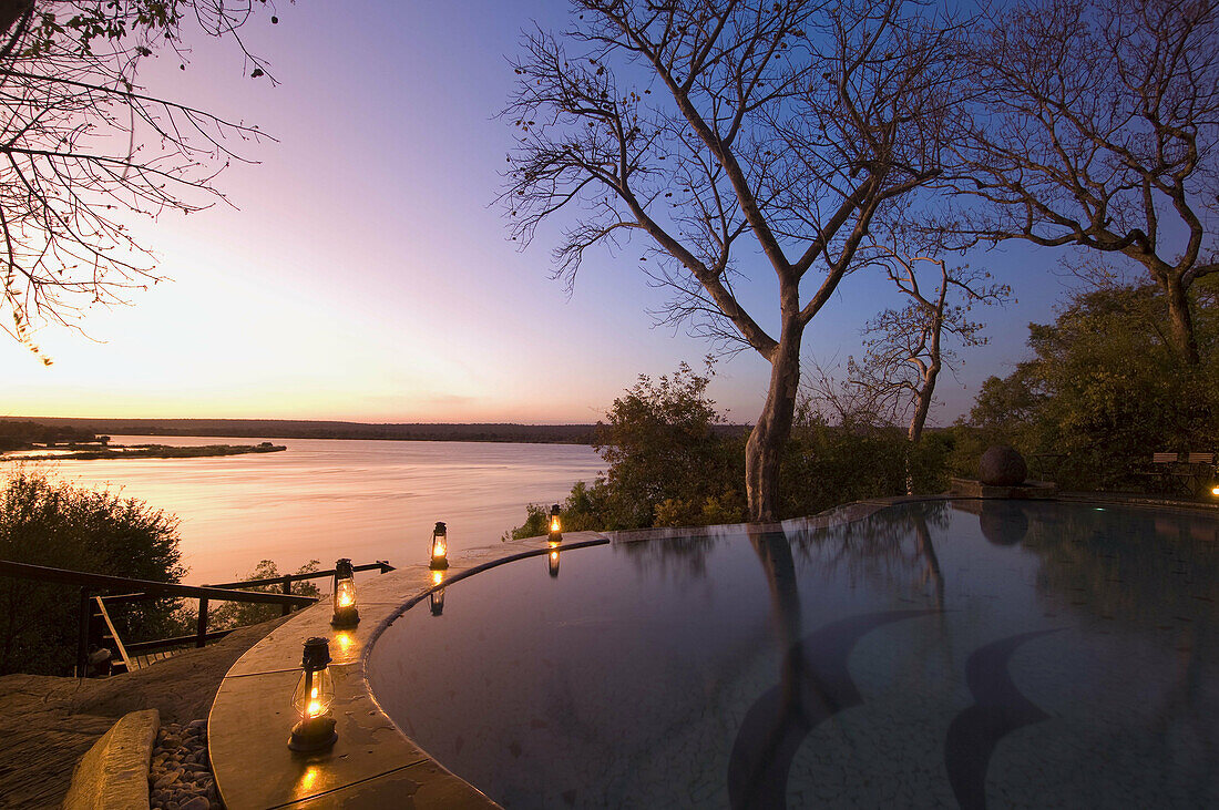The River Club lodge,  sunset on Zambesi River,  Zambia.