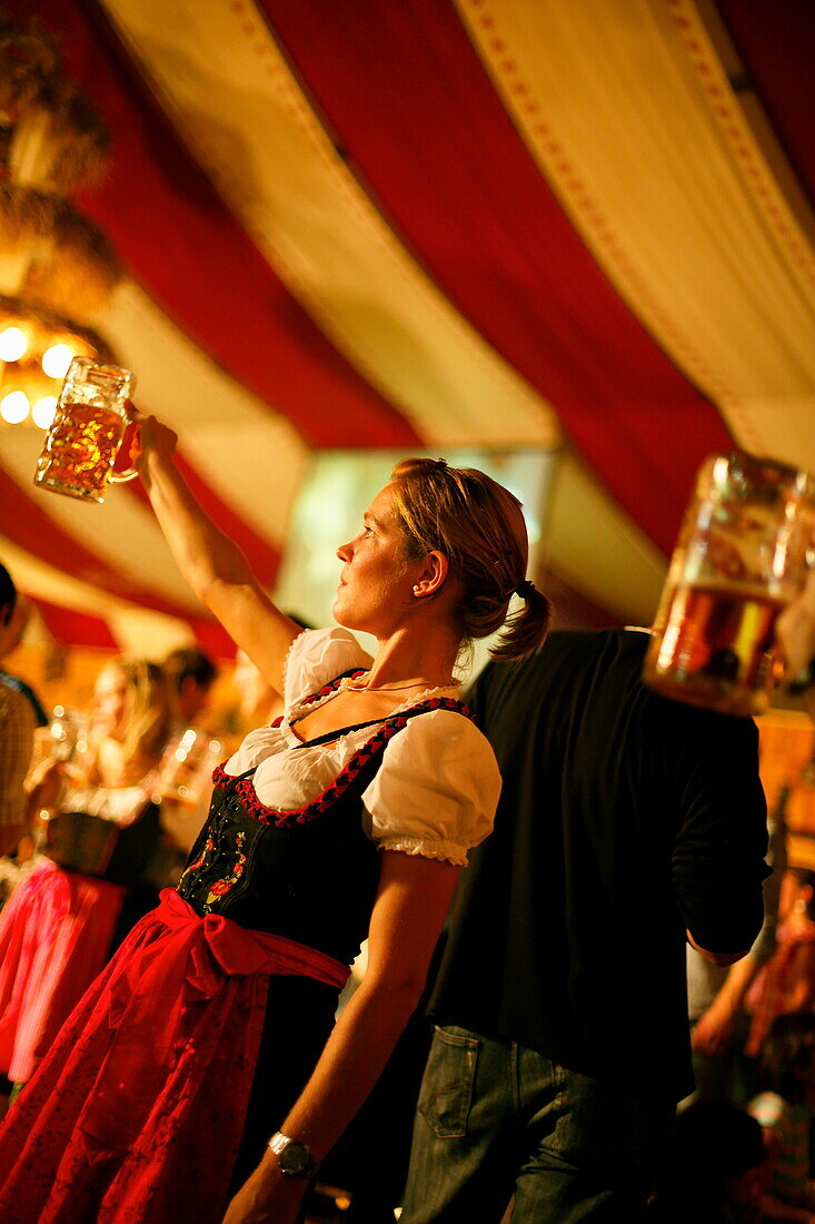 Inside a beer tent, Cannstatter Volksfest, Stuttgart, Baden-Wurttemberg, Germany