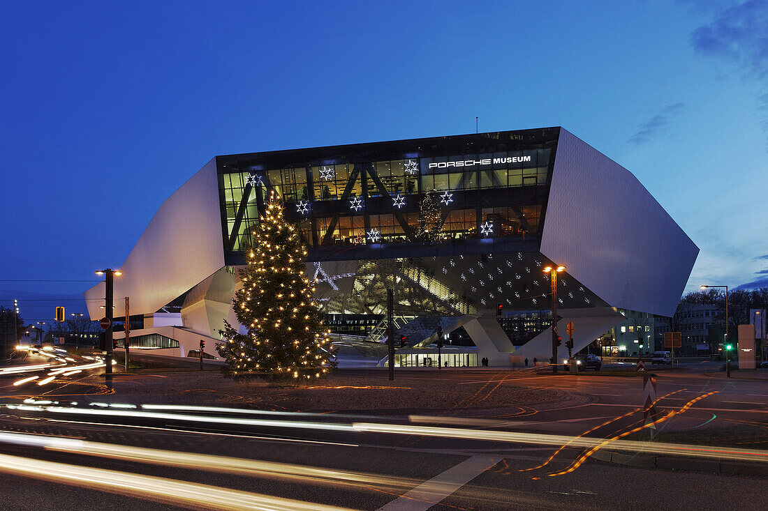 New Porsche Museum with Christmas decorations, Stuttgart, Baden-Wurttemberg, Germany