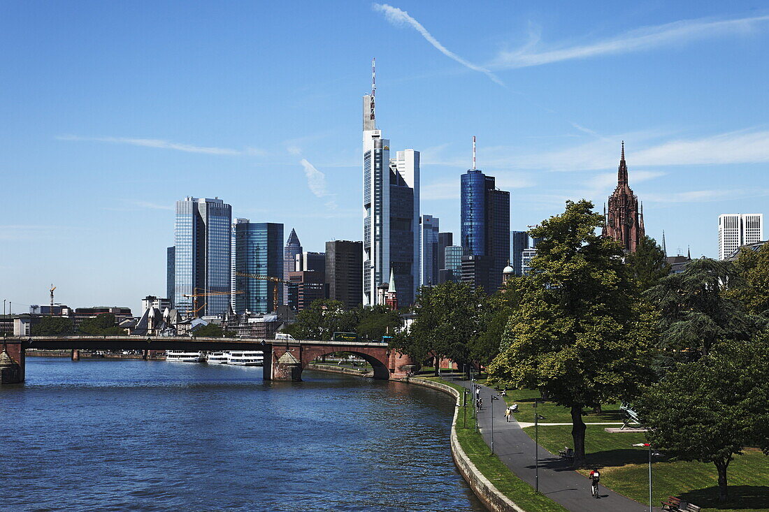 View over river Main with Old Bridge to skyline, Frankfurt am Main, Hesse, Germany