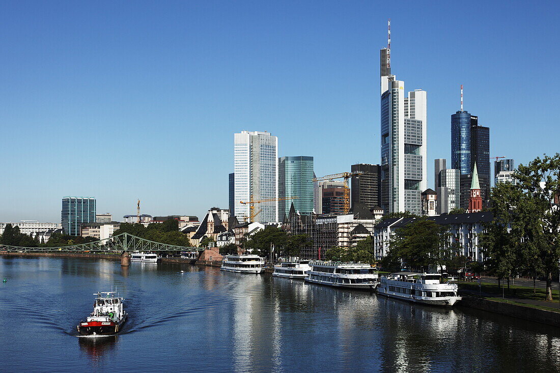 View over river Main to high-rise buildings, Frankfurt am Main, Hesse, Germany