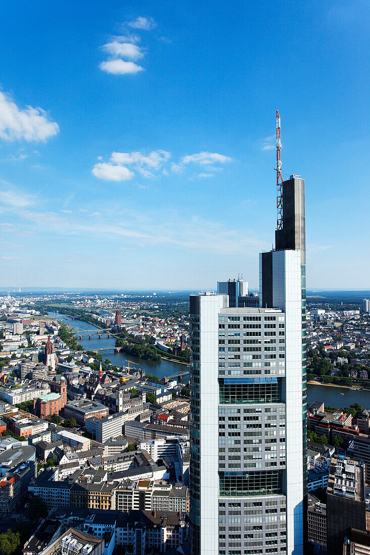 View over the city towards the Commerzbank Tower, Frankfurt am Main, Hesse, Germany