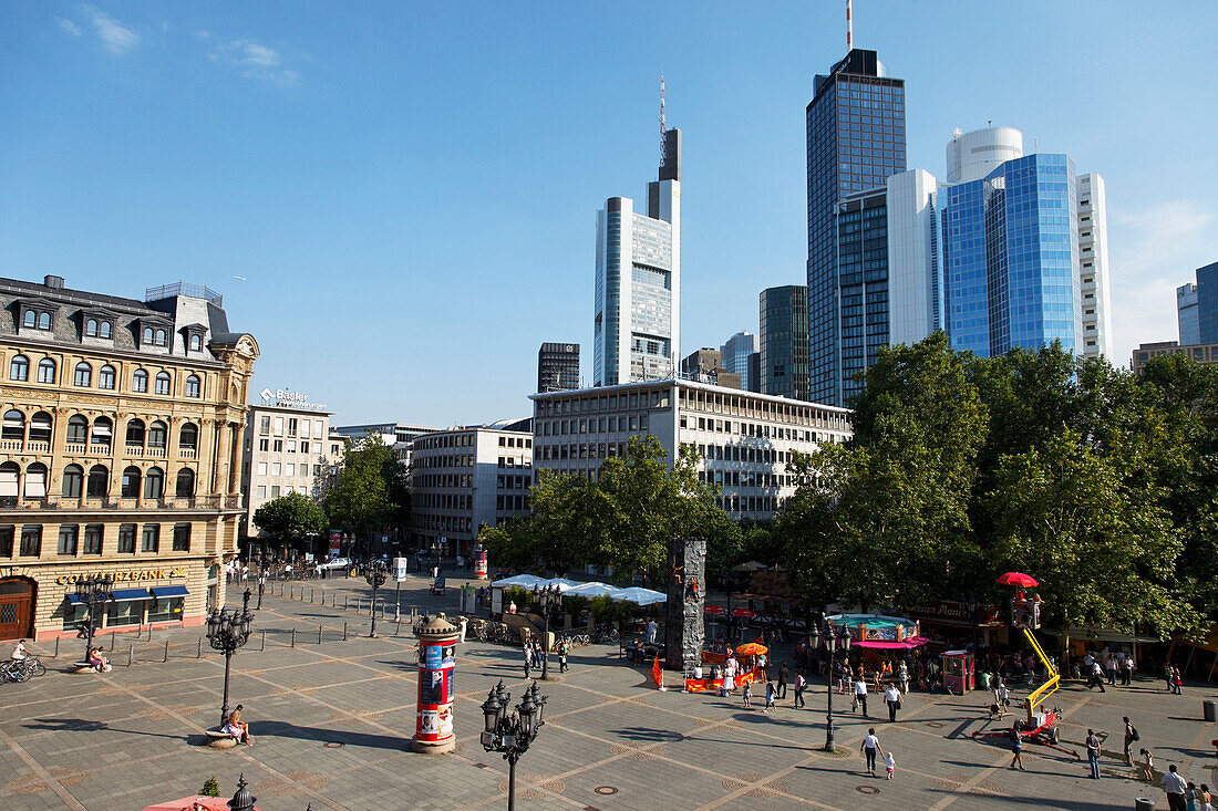 View over Opera Square with high-rise buildings in the background, Frankfurt am Main, Hesse, Germany