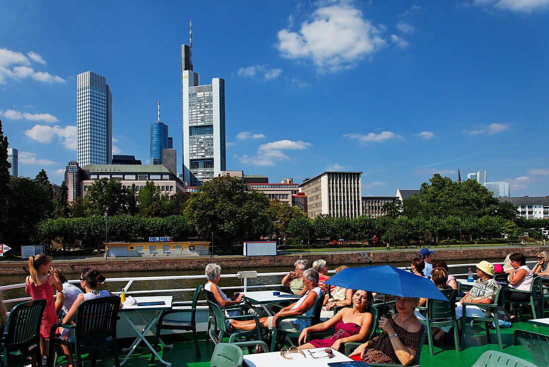 View from an excursion boat to skyscrapers, Frankfurt am Main, Hesse, Germany