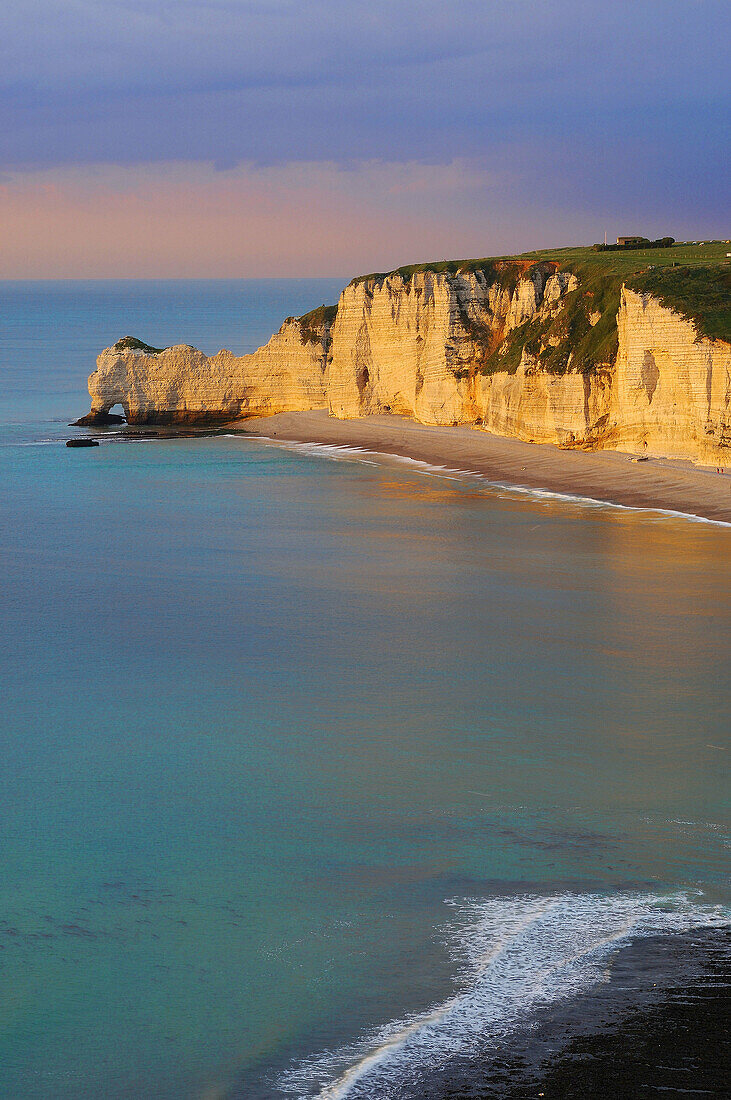 Porte d´Amont cliff at sunset,  Etretat. Seine-Maritime,  Haute-Normandie,  France