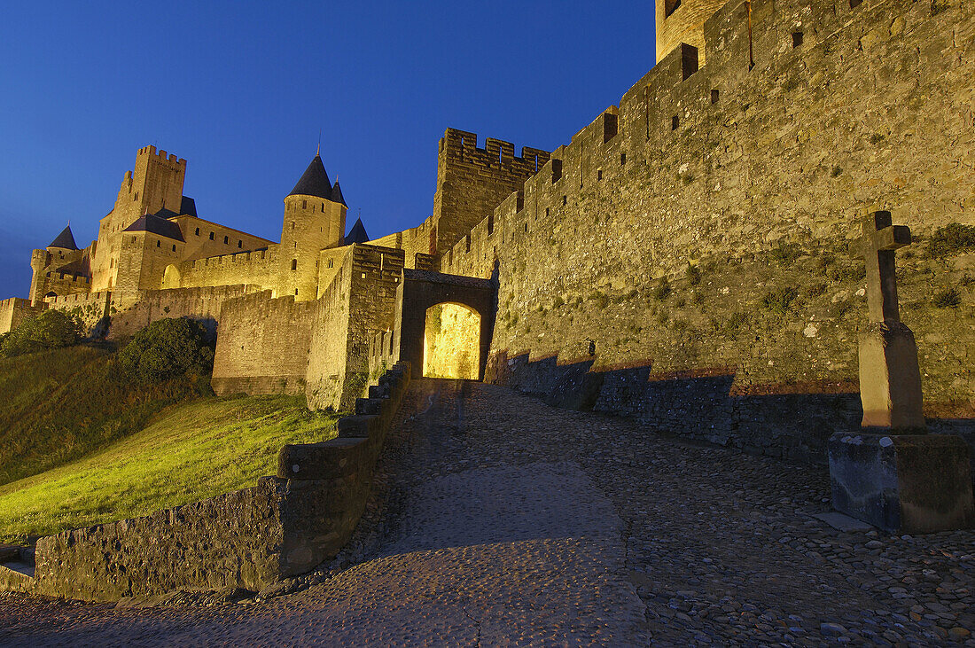 La Cité´,  Carcassonne medieval fortified town at dusk Aude,  Languedoc-Roussillon,  France