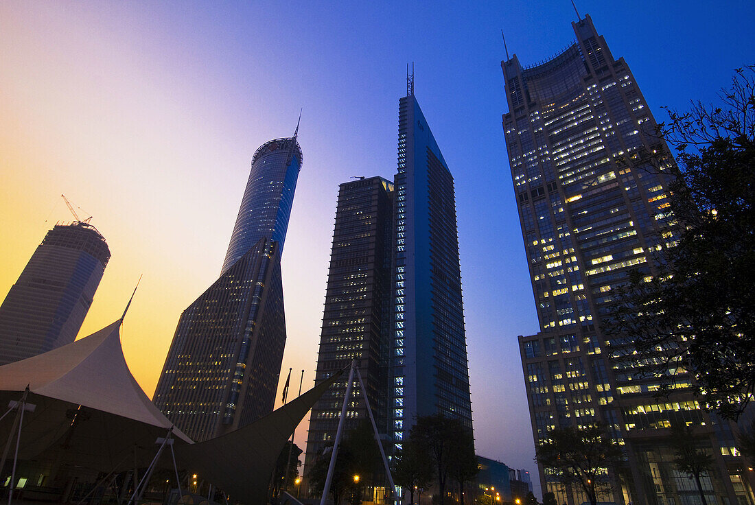 The skyline of the Lujiazui Financial District in the Pudong section of Shanghai,  China