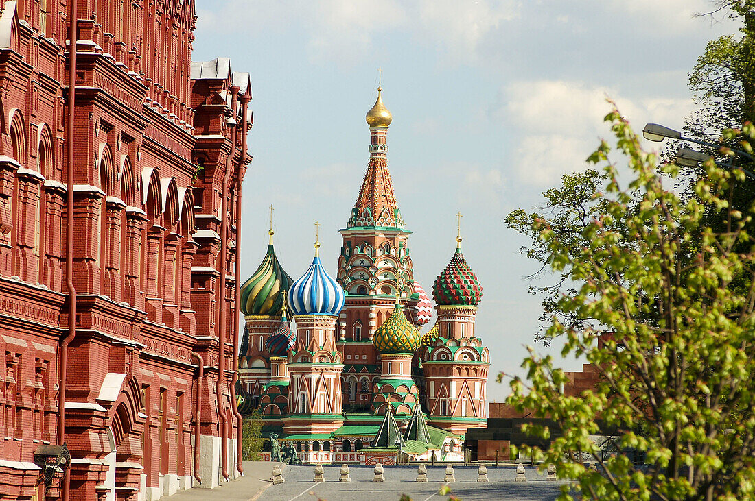historical museum and Saint Basils cathedral,  Red Square,  Moscow,  Russia