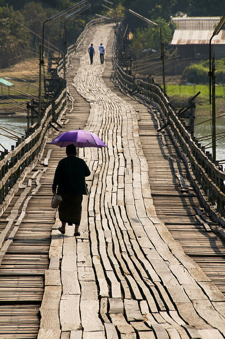 long wooden teak bridge near the Burmese border in Sangkhlaburi Thailand