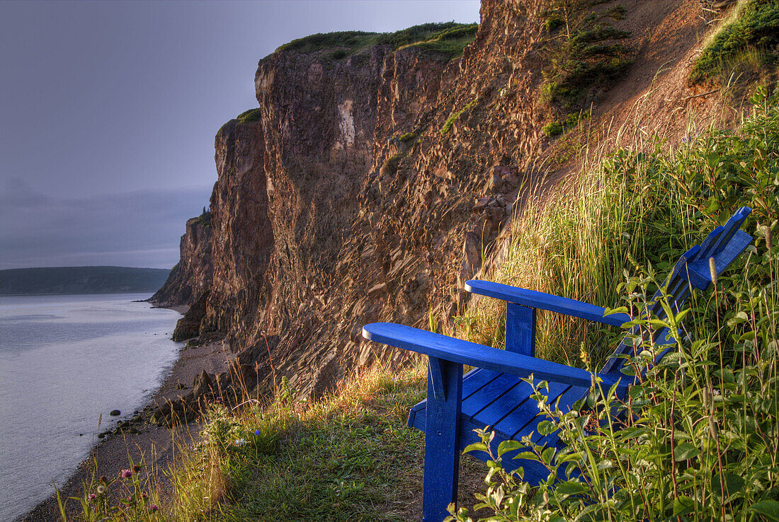 Bay of Fundy, Blue, Canada, Chair, Cliff, Cliffs, Color, Colour, Daytime, Flowers, Green, Nature, Nova Scotia, Photography, Picturesque, Rocks, scenic, Sky, Travel, Travels, Water, Wild, World locations, World travel, U38-857292, agefotostock 