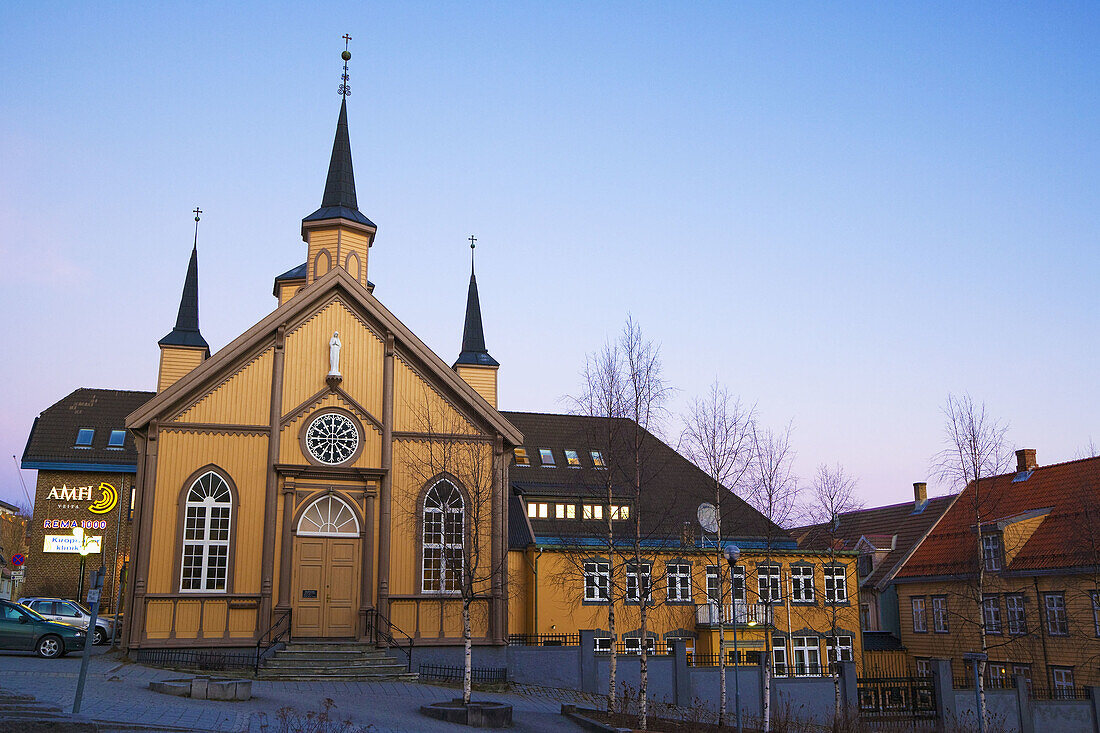 Var Frues Kirke Catholic Church in winter,  polar night,  Tromso. Norway