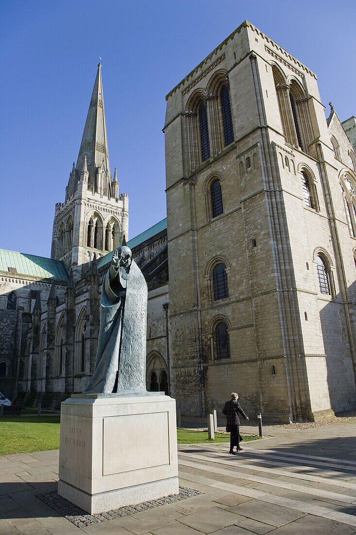 West front and millennium statue of Saint Richard,  Chichester Cathedral. Sussex,  England,  UK