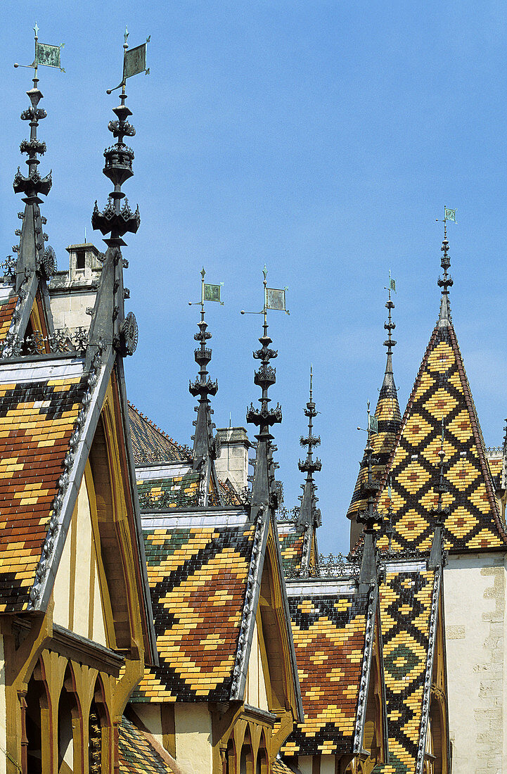 The multicoloured roofs of the Hotel-Dieu,  Beaune,  Cotes d´Or,  France