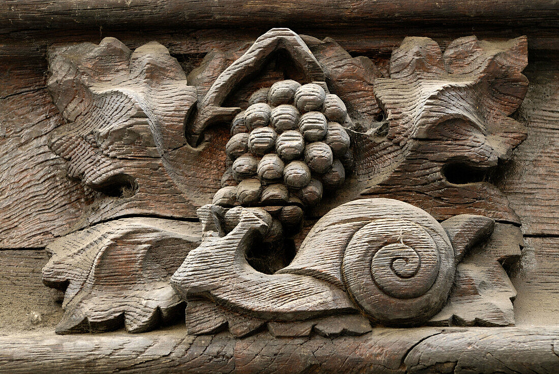 Mediaeval house with sculpted facade representing 2 strong symbols of Burgundy,  snails and grapes,  rue de la Verrerie,  Dijon,  Cotes d´Or,  France