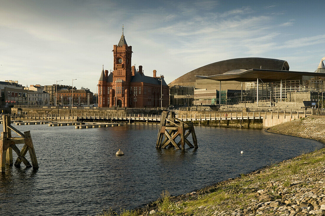 Cardiff Bay waterfront,  Welsh Assembly building,  Wales Millennium Centre and Pierhead building