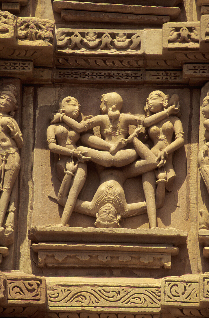 India,  Khajuraho,  Lakshmana Temple,  detail of stone sculptures