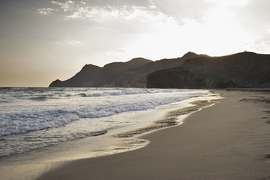 Sunset on the beach of Monsul,  Cabo de Gata,  Almeria,  Andalucia,  Spain