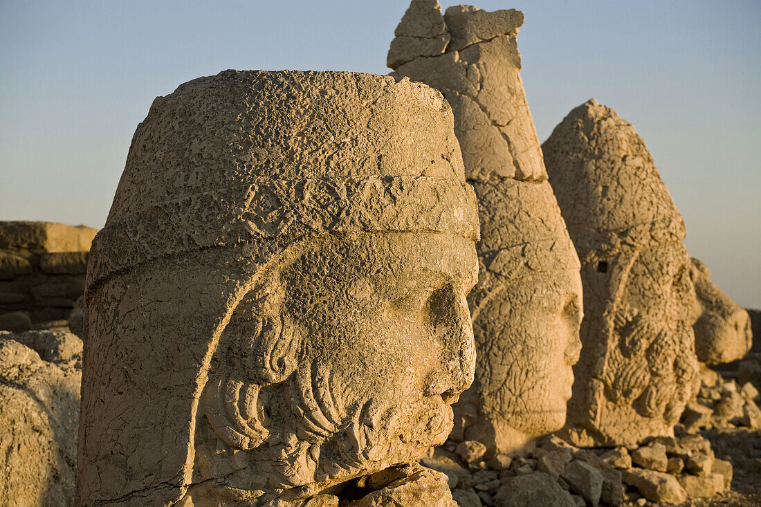 East terrace statues at sunrise,  Nemrut Dagi National Park,  Adiyaman,  Anatolia,  Turkey
