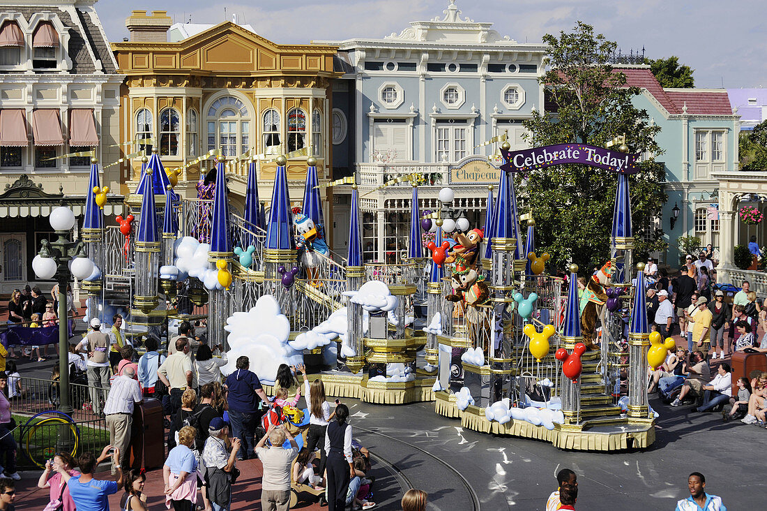 Celebrate Today Parade on Main Street at Walt Disney Magic Kingdom Theme Park Orlando Florida Central