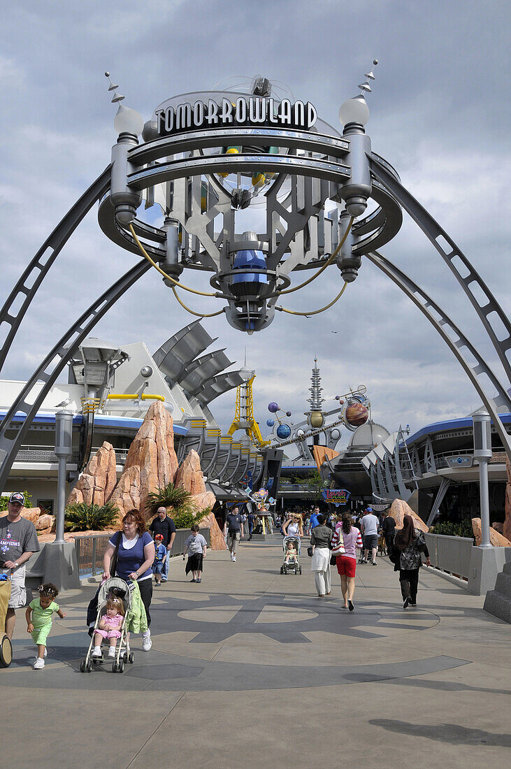Arch entrance to Tomorrow Land at Walt Disney Magic Kingdom Theme Park Orlando Florida Central