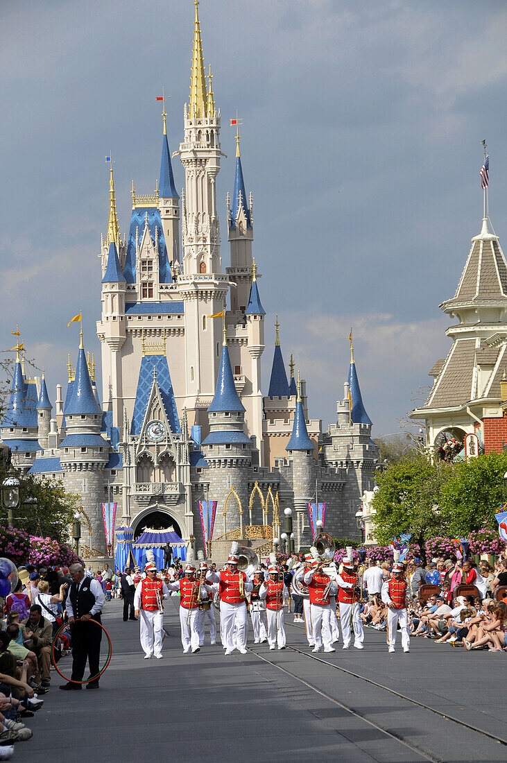 Band in Parade along Main Street at Walt Disney Magic Kingdom Theme Park Orlando Florida Central