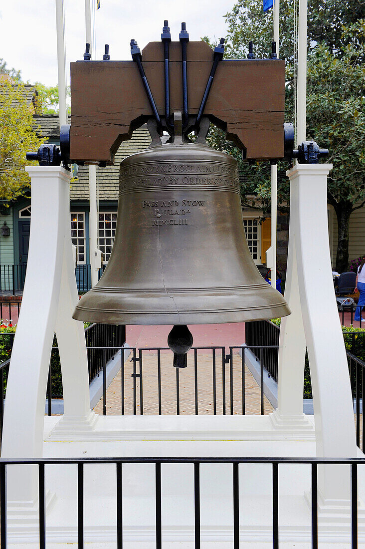 Replica of Liberty Bell in Liberty Square area at Walt Disney Magic Kingdom Theme Park Orlando Florida Central