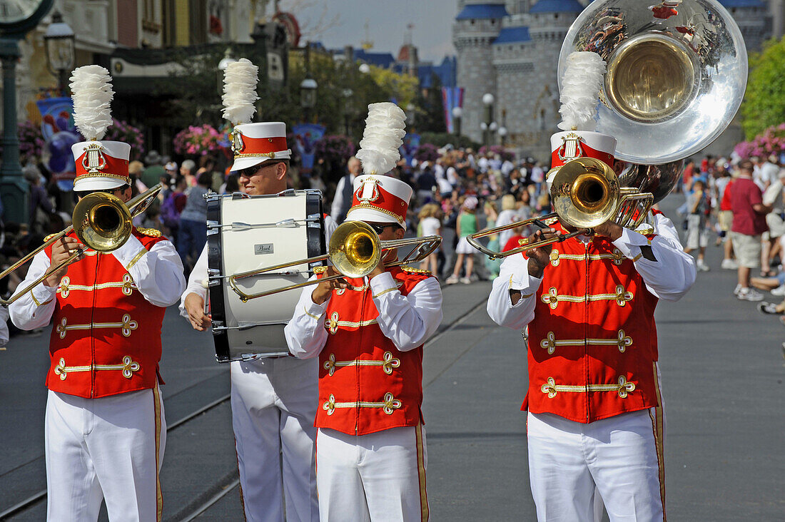 Band in Parade at Walt Disney Magic Kingdom Theme Park Orlando Florida Central