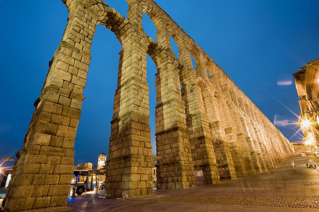 Roman Aqueduct at night,  Segovia. Castilla-Leon,  Spain