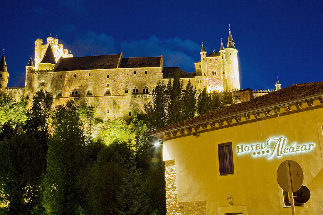 Alcazar fortress and Hotel Alcazar at night,  Segovia. Castilla-Leon,  Spain