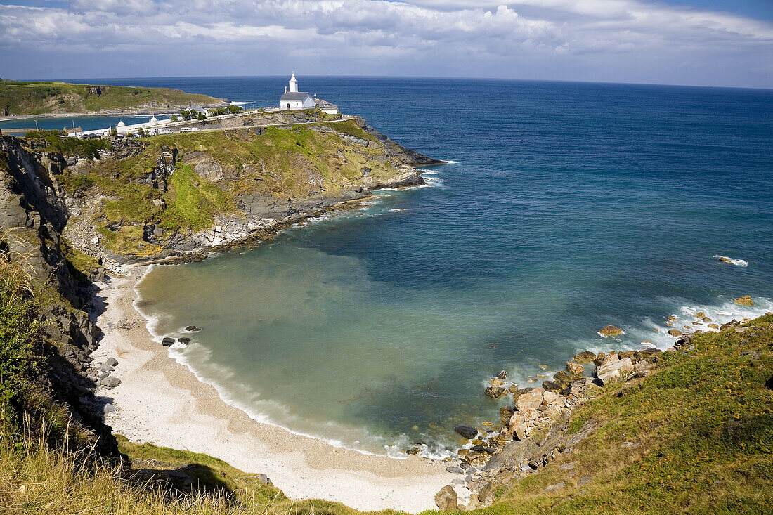 Beach and Ermita de la Atalaya (Aka Ermita de la Virgen blanca). Luarca. Asturias. Spain.