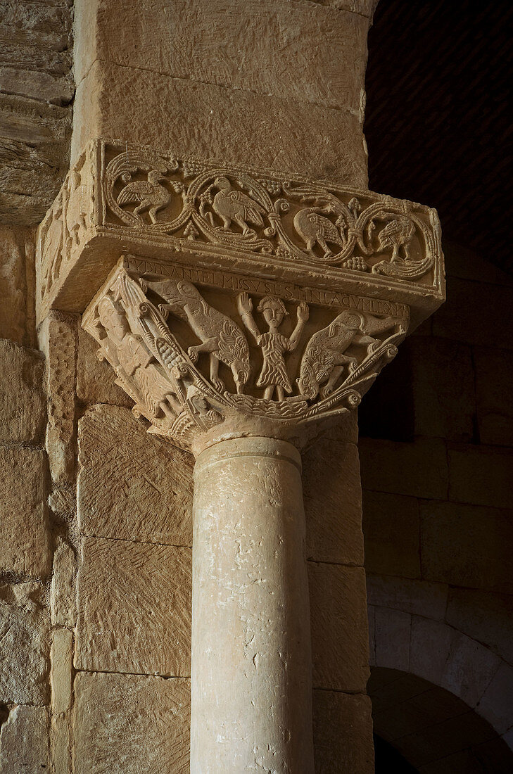 Daniel between lions scene depicted on capital,  pre-Romanesque church of San Pedro de la Nave. Zamora province,  Castilla-Leon,  Spain