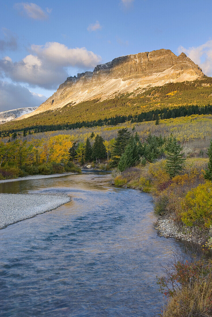 Saint Mary River and Single Shot Mountain in autumn,  Glacier National park Montana USA