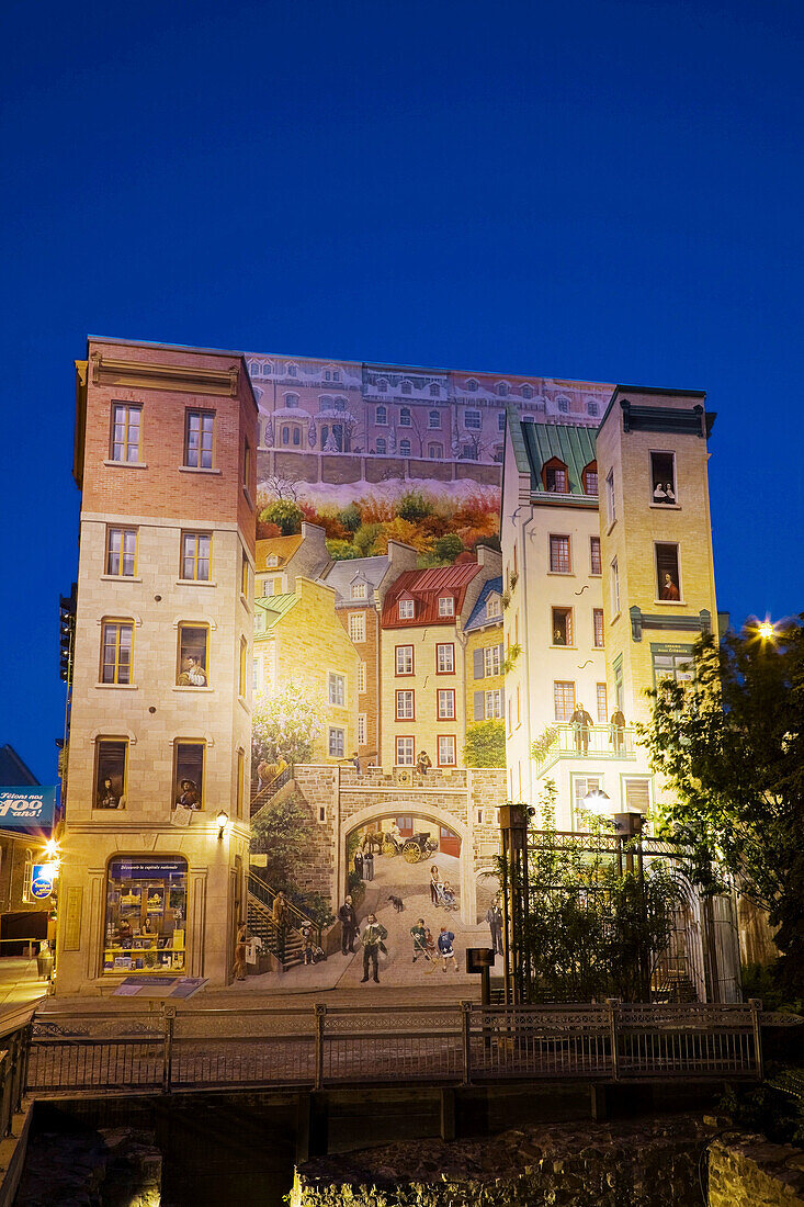 La Fresque des Quebecois wall mural at night,  Notre_Dame street,  Old Quebec City,  Quebec,  Canada