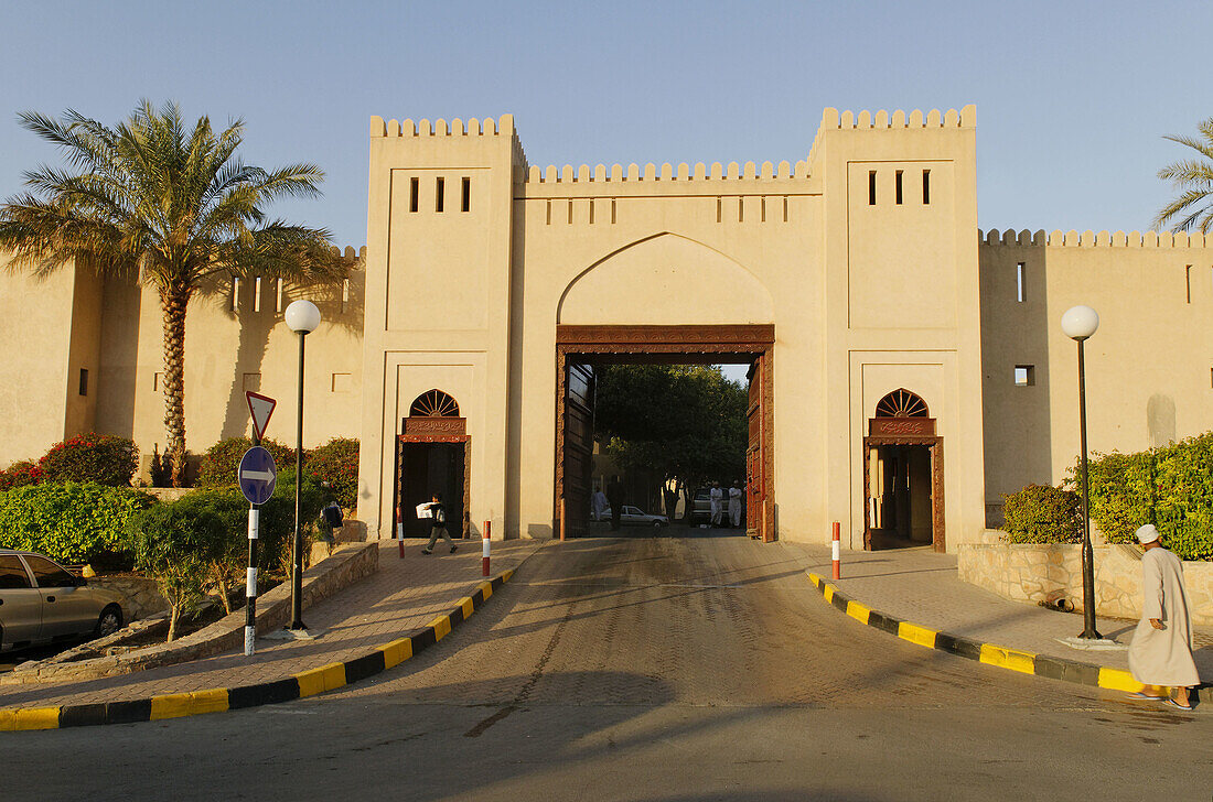 entrance gate to the modern Nizwa Souk,  Hajar al Gharbi Mountains,  Dhakiliya Region,  Sultanate of Oman,  Arabia,  Middle East
