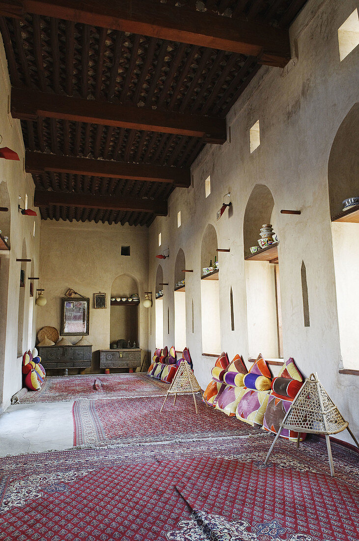 traditional arabian sittingroom,  historic adobe fortification Nakhal,  Nakhl Fort or Castle,  Hajar al Gharbi Mountains,  Batinah Region,  Sultanate of Oman,  Arabia,  Middle East