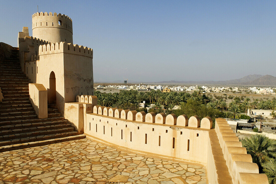 historic adobe fortification Nakhal,  Nakhl Fort or Castle,  Hajar al Gharbi Mountains,  Batinah Region,  Sultanate of Oman,  Arabia,  Middle East