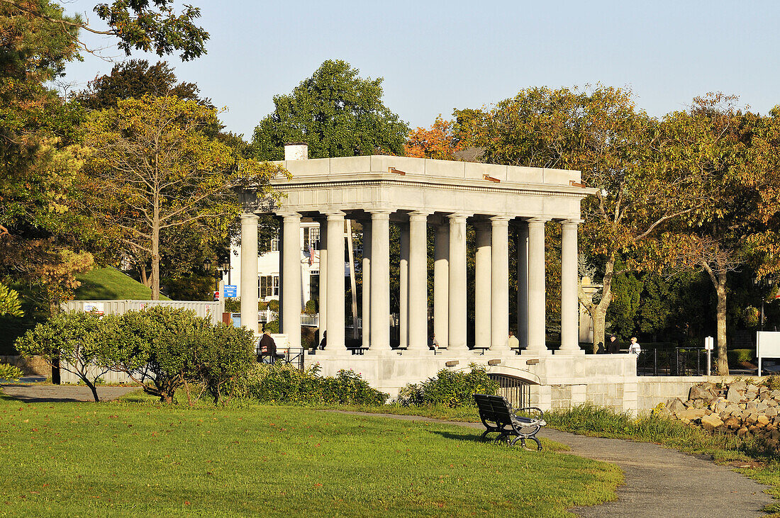 Plymouth Rock Memorial State Park in Plymouth,  Massachusetts with building that contains Plymouth Rock