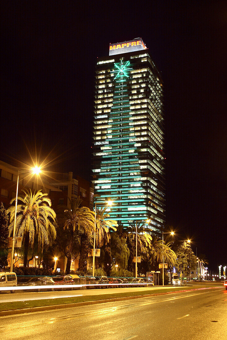 Christmas tree lights on building façade,  Mapfre Tower,  Carrer Marina,  Barcelona. Catalonia,  Spain