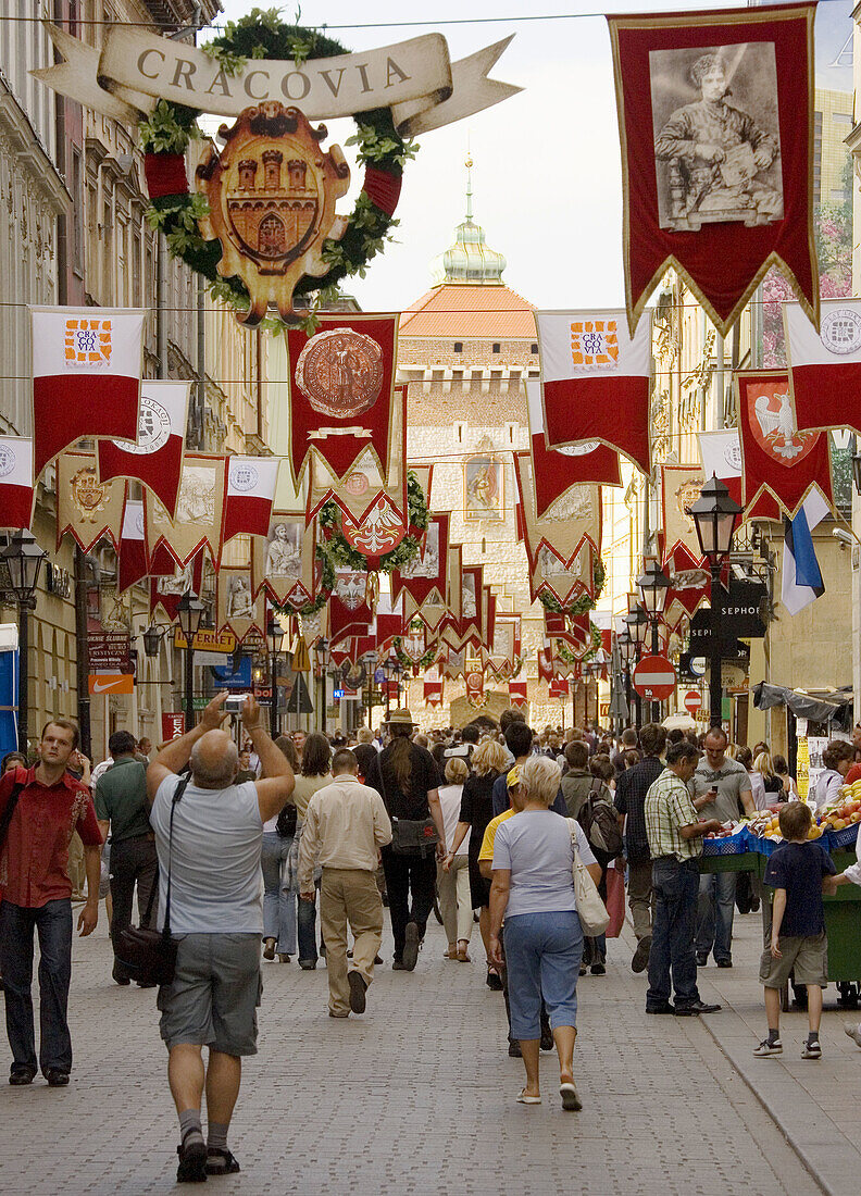 Poland,  Krakow,  Florianska street with Florian´s Gate