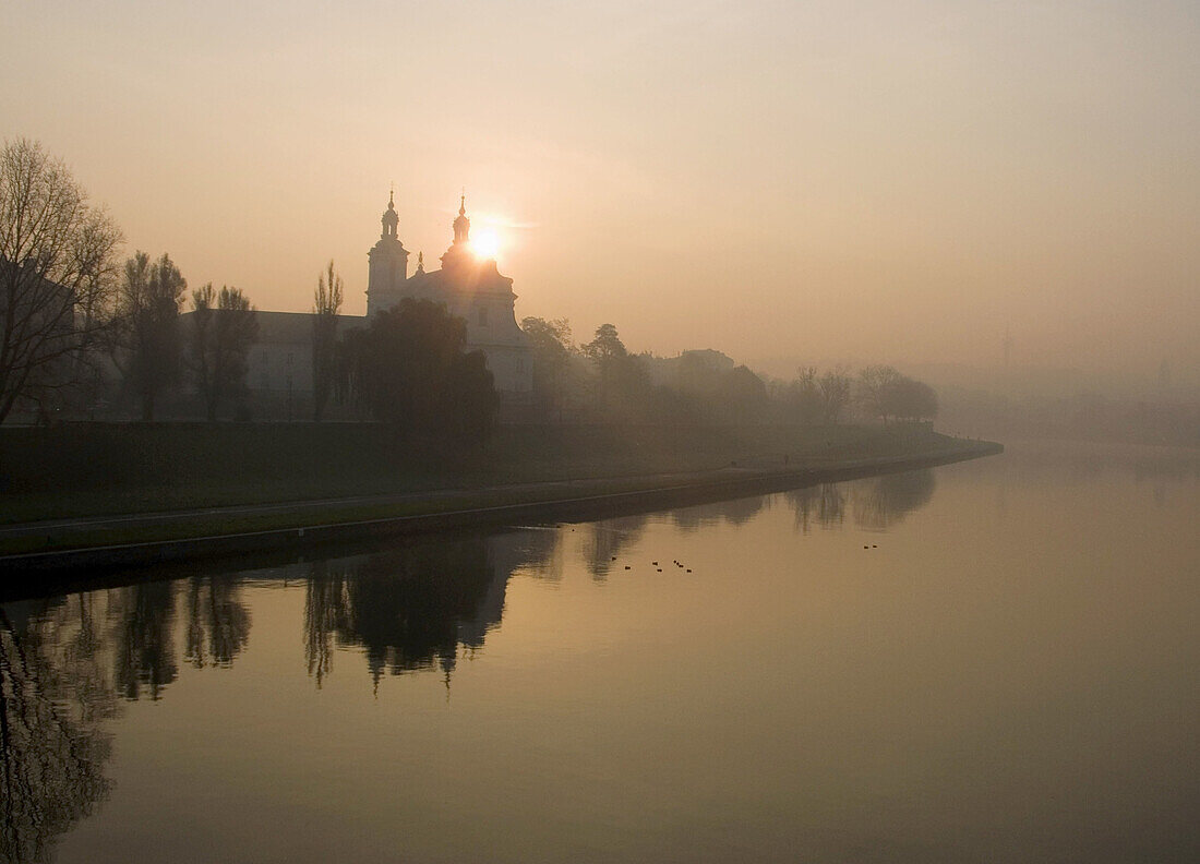 Poland Krakow On the Rock monastery sunrise Vistula river